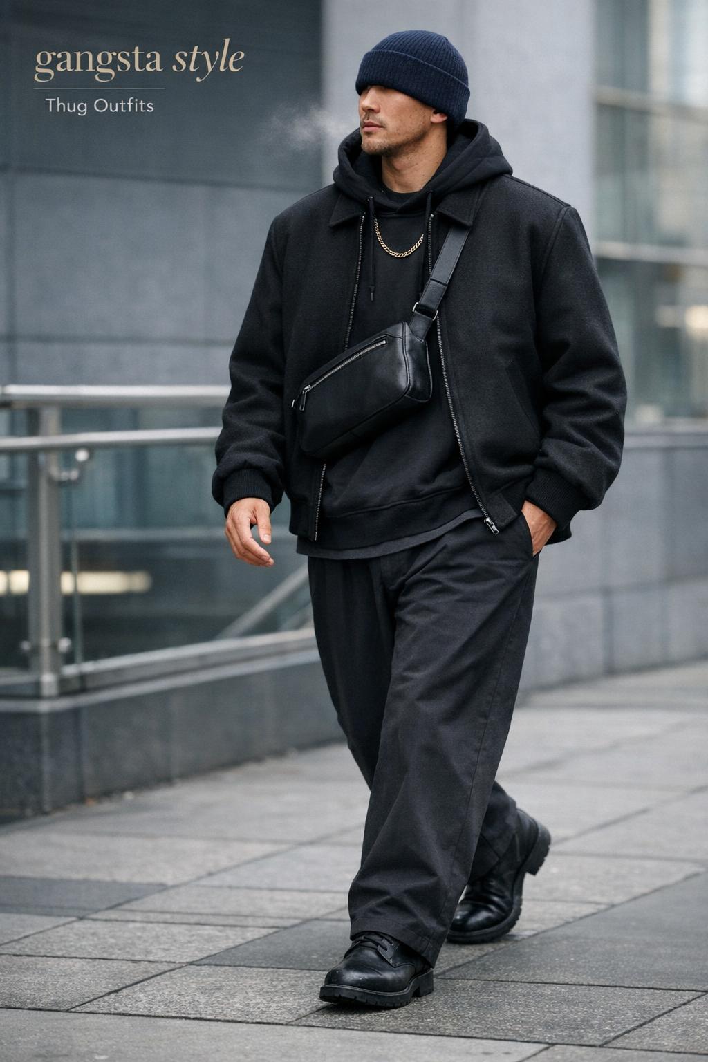 Gangsta style streetwear outfit in a real city scene, matte black coat, charcoal layers, wide-leg trousers and boots