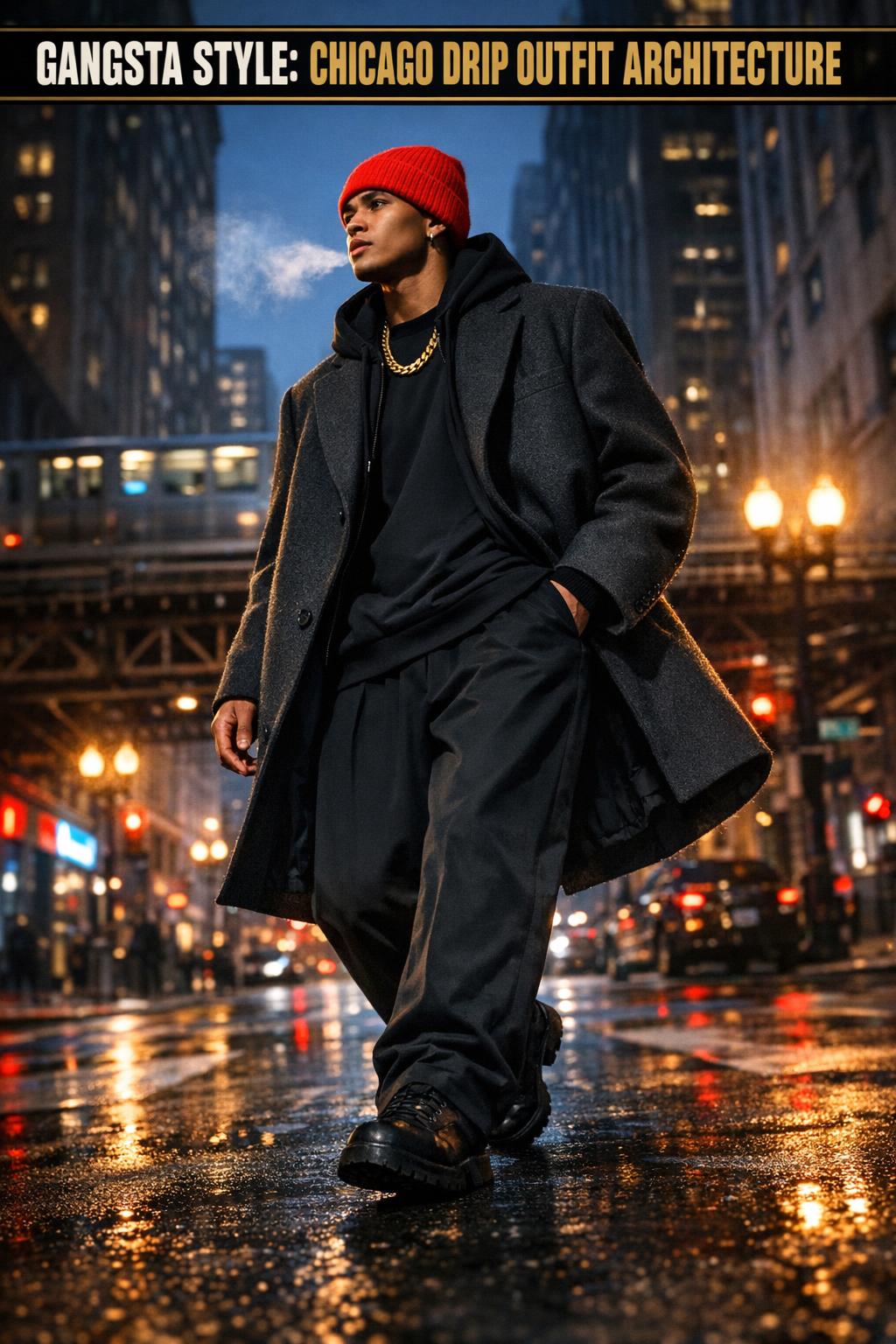 Gangsta style portrait of a man in streetwear with gold chains and sunglasses in an urban setting