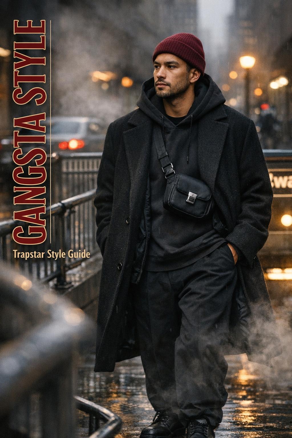 Gangsta style streetwear look on a man walking by a subway entrance on a wet city street, cinematic editorial lighting