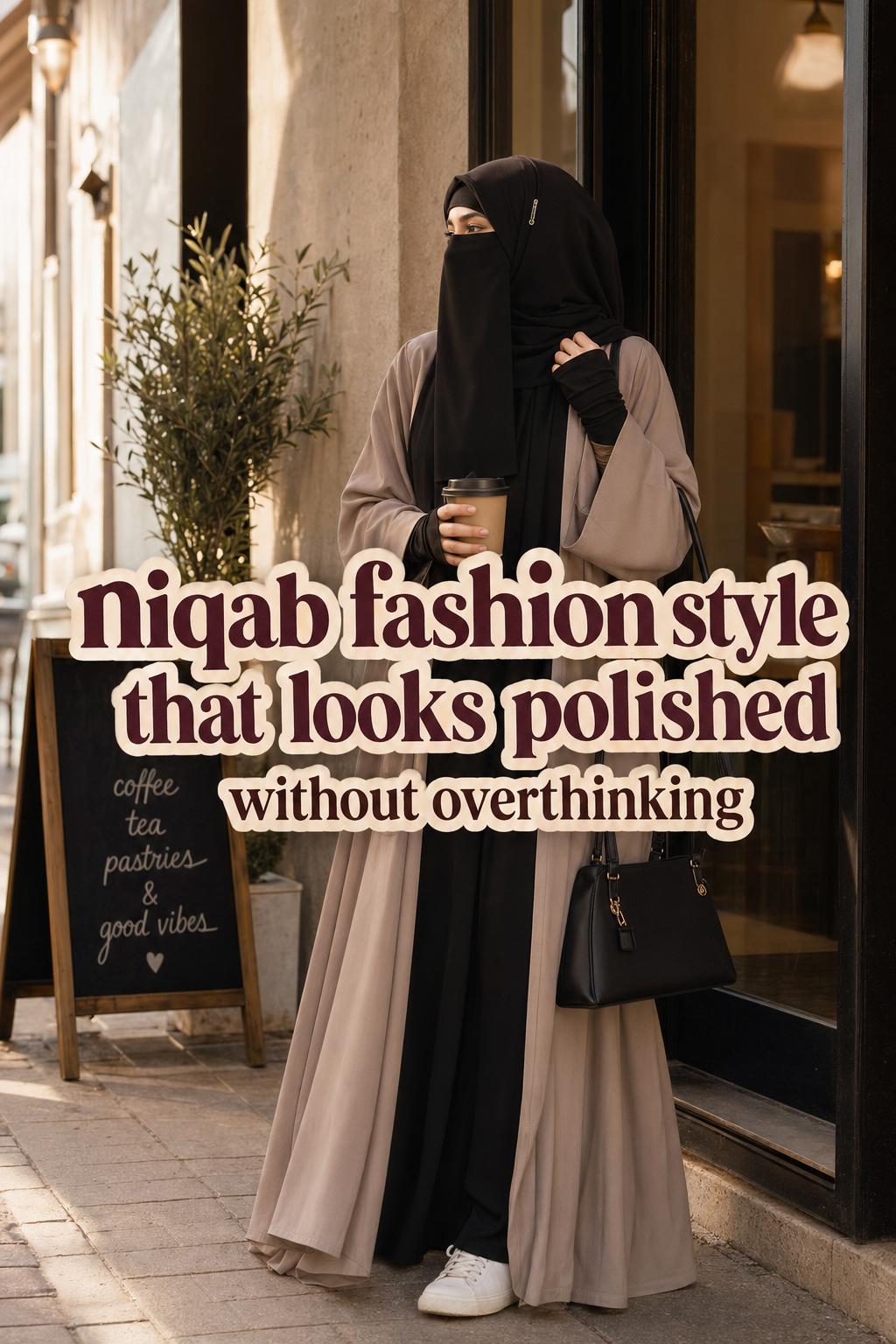 Warm golden hour street portrait of a woman in niqab fashion style with flowing abaya and modern layered outerwear
