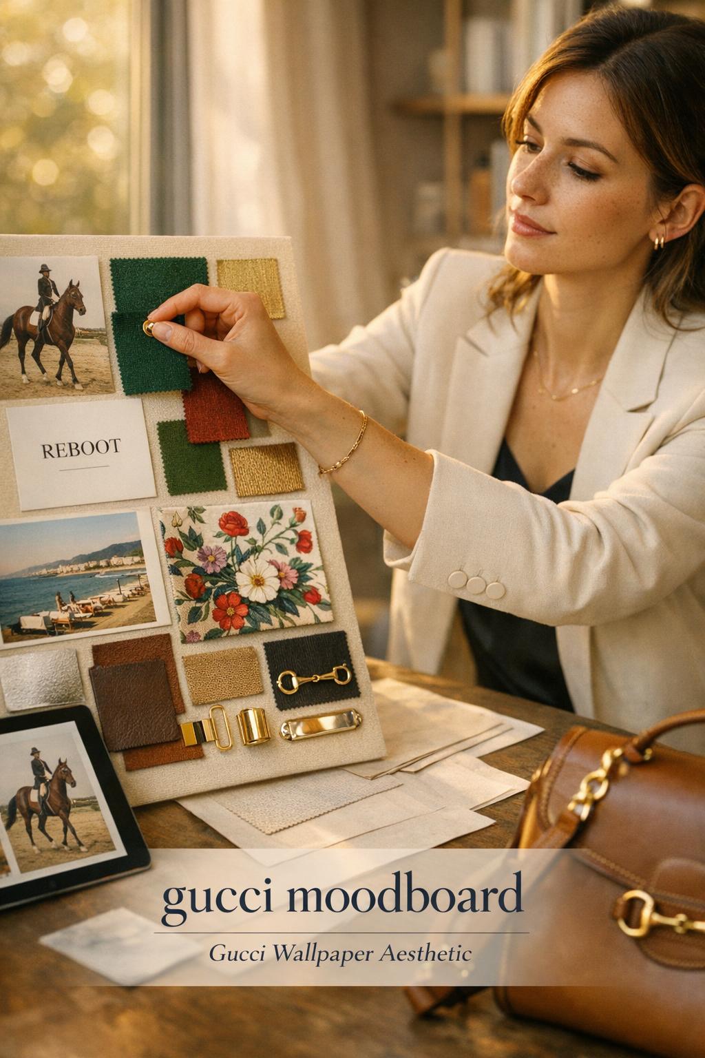 Gucci moodboard on foam board and tablet in a sunlit creative director workspace with fabric swatches and gold hardware