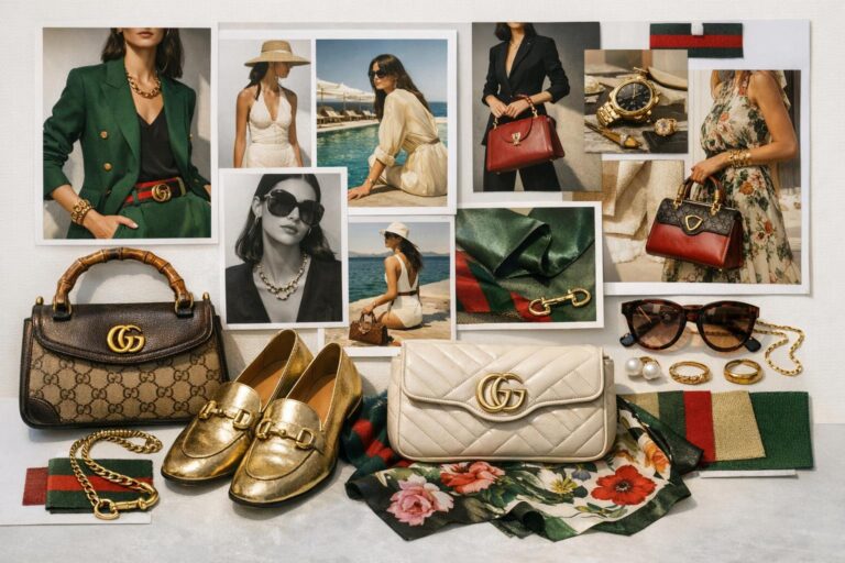 Gucci moodboard collage with green red and gold palette, GG motif accents, luxury textures, and editorial fashion imagery