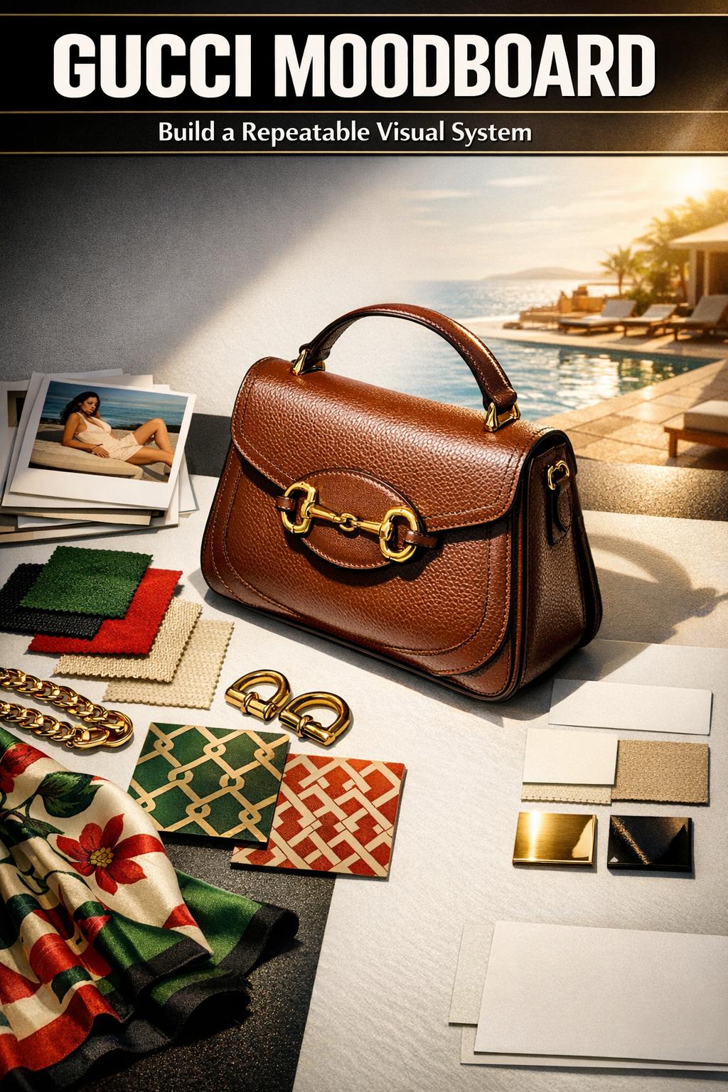 Gucci moodboard with luxury fashion photos, fabric swatches, and design sketches on a neutral workspace
