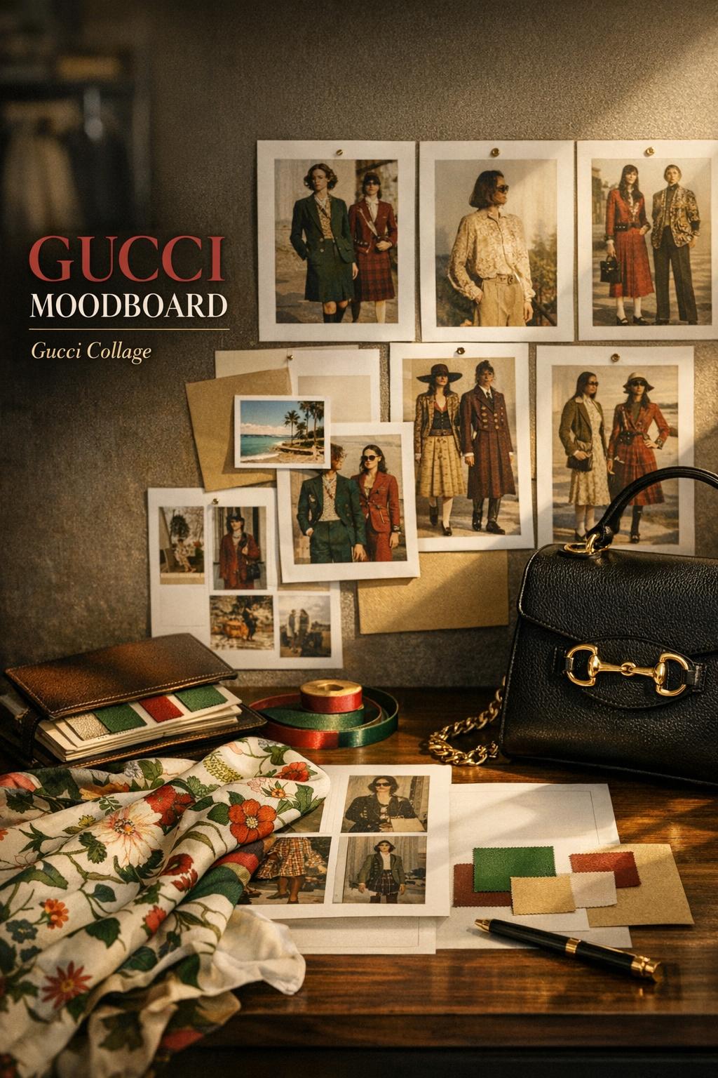 Gucci moodboard on a luxury fashion studio desk with leather handbag, silk scarf swatches, and golden hour window light