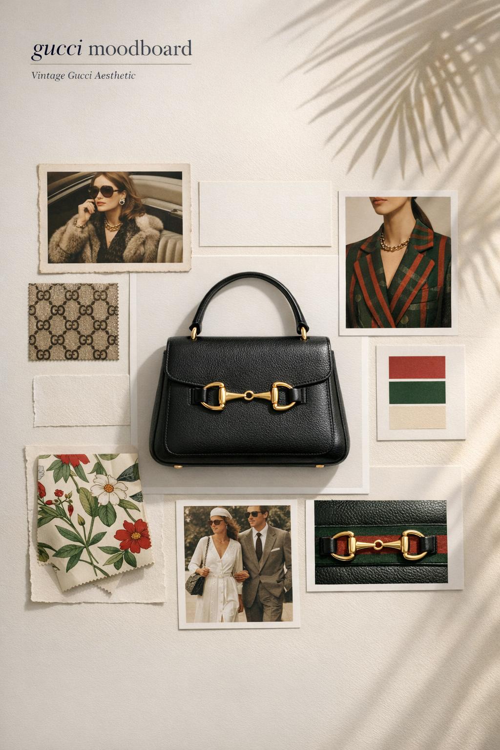 Overhead minimalist desk photo of a gucci moodboard with heritage prints, silk scarf swatch, leather strap, and gold hardware.