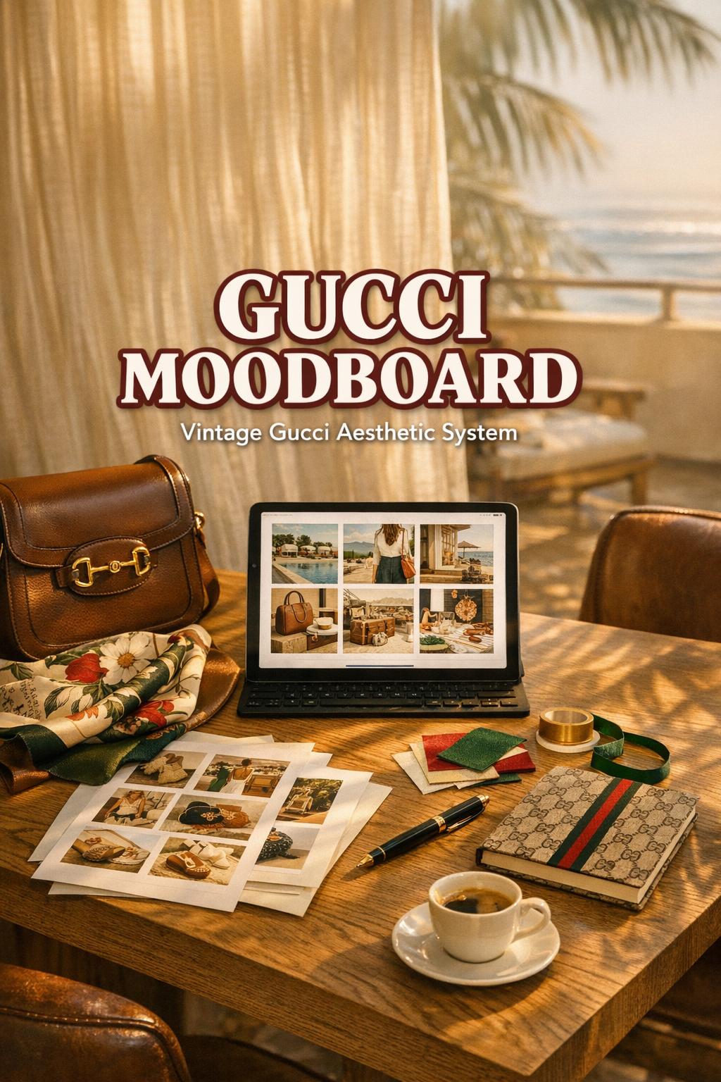 Gucci moodboard on laptop with silk scarf, leather bag and printed sheets in a sunlit coastal boutique corner