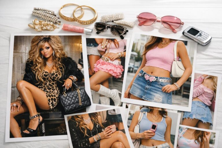 Gyaru moodboard with high-contrast outfits, bold makeup, and stacked accessories to separate gyaru from y2k