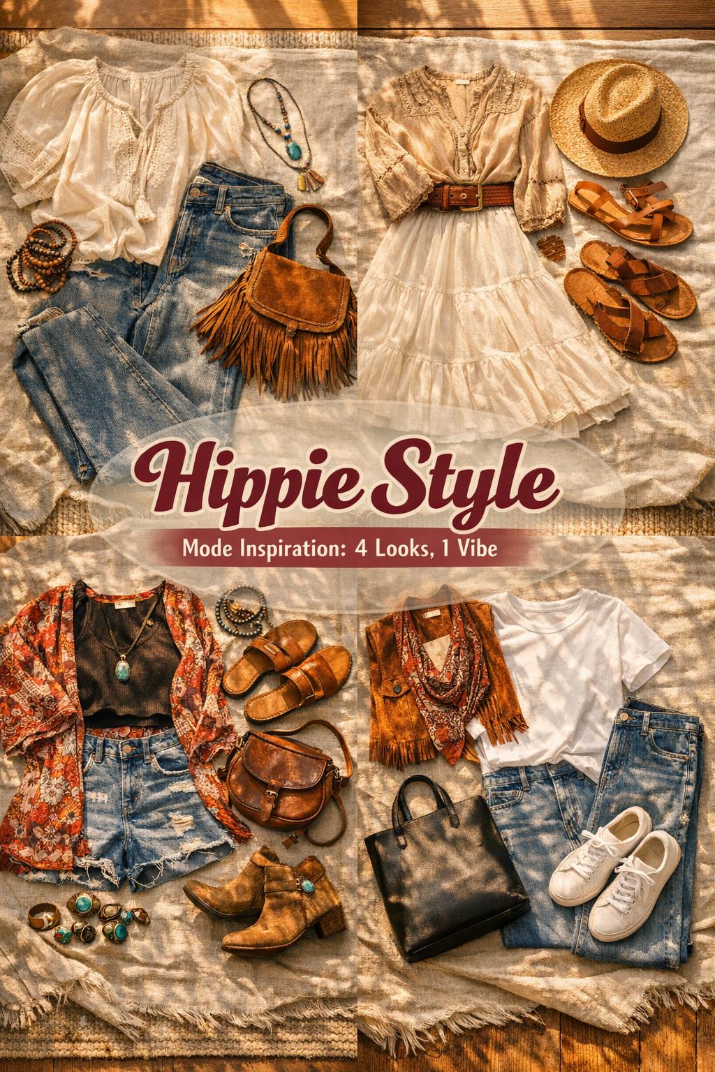 Hippie style flat lay with four outfit capsules on linen blanket in warm golden-hour light, with centered title text