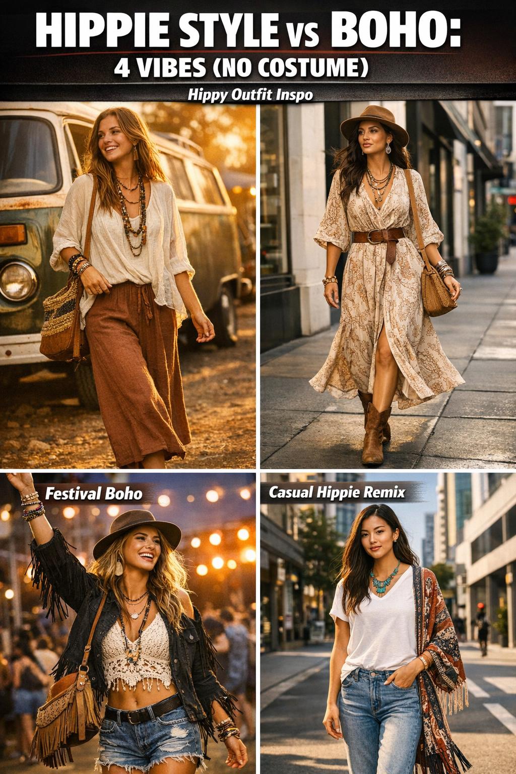 Woman in hippie style outfit with boho accessories outdoors in natural light