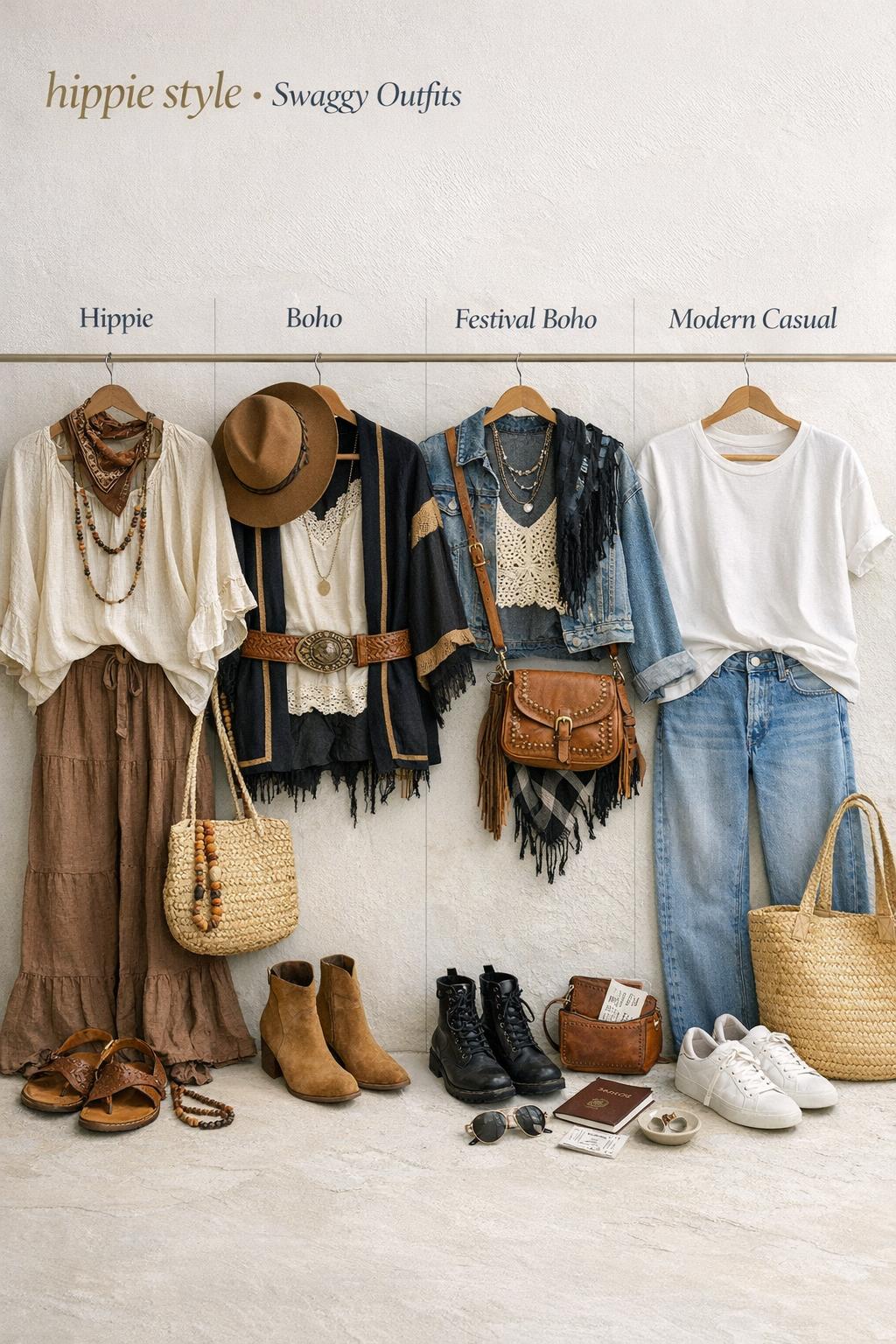 Hippie style outfit guide flat lay showing hippie, boho, festival boho, and modern casual looks in a neutral studio