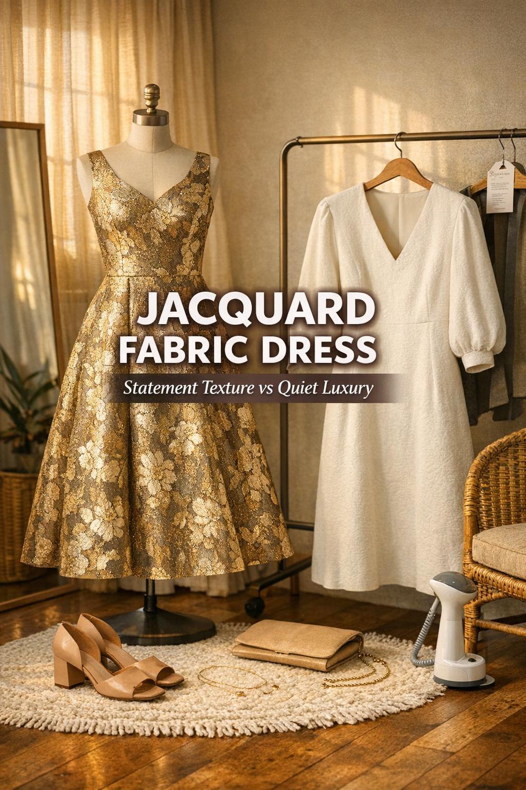 Jacquard fabric dress styling scene with two midi dresses on rack in warm bedroom, golden-hour light and minimal accessories