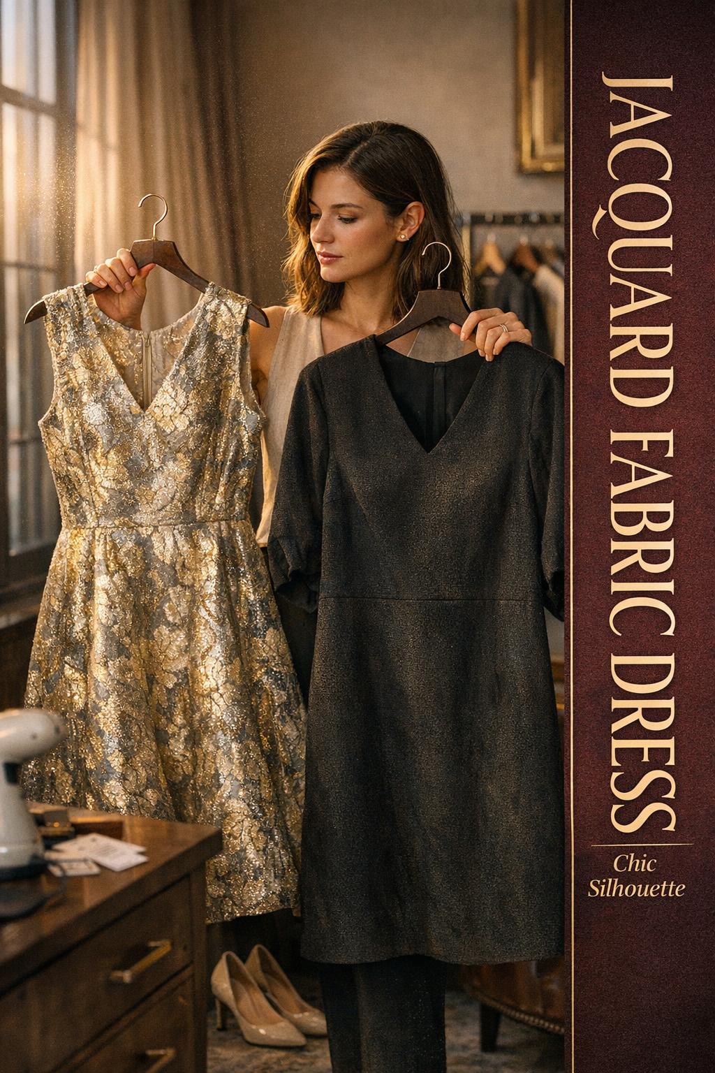 Woman comparing two jacquard fabric dress styles in a luxury dressing room by golden-hour window light
