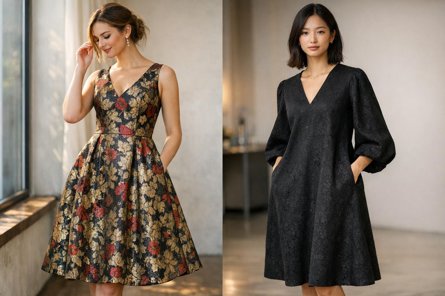 Jacquard fabric dress in a chic midi silhouette, highlighting woven texture for quiet luxury styling