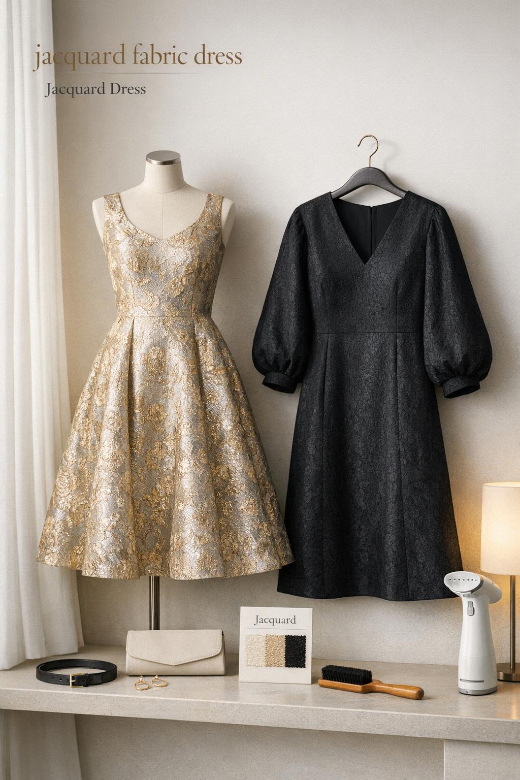 Jacquard fabric dress wardrobe planning scene with two jacquard midi dresses on sculptural hangers in soft daylight