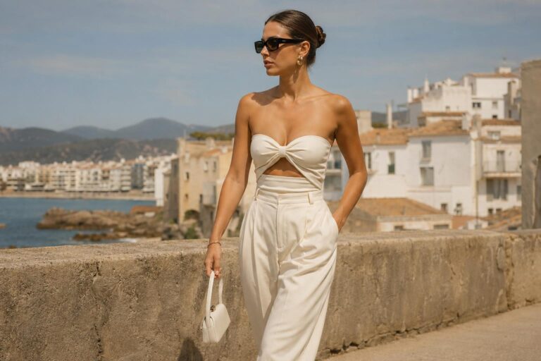 Jacquemus moodboard summer outfit with cream wide-leg trousers, fitted top, micro bag, and minimalist sandals in sunlit setting