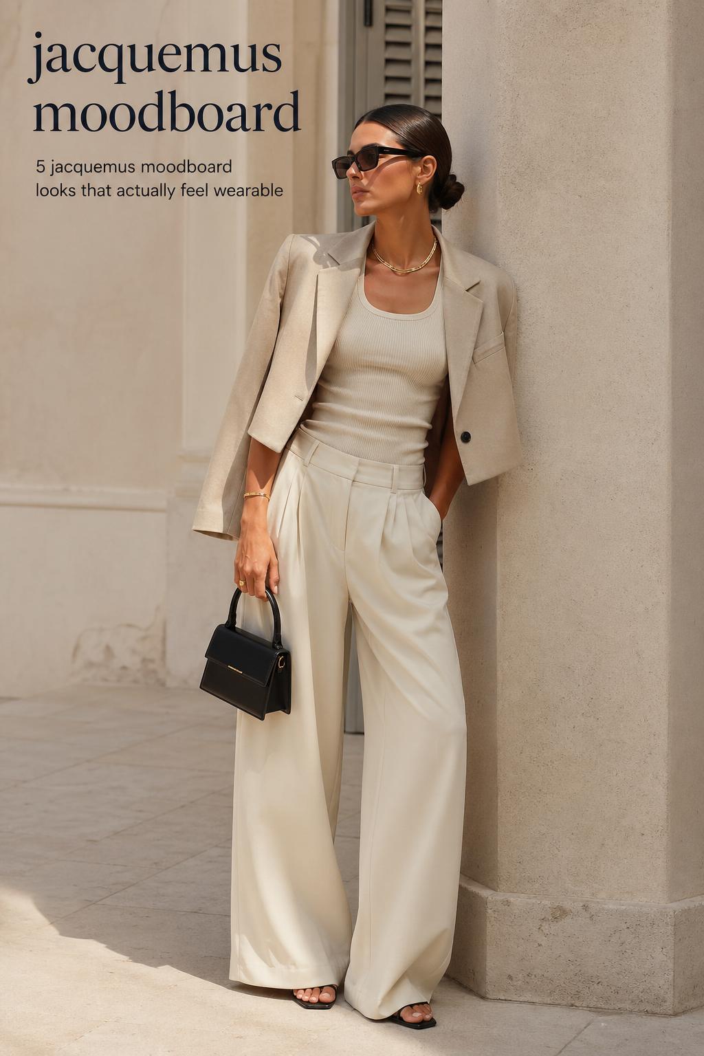 Jacquemus moodboard outfit on a sun-washed Mediterranean street with cream wide-leg trousers, cropped blazer, and mini bag