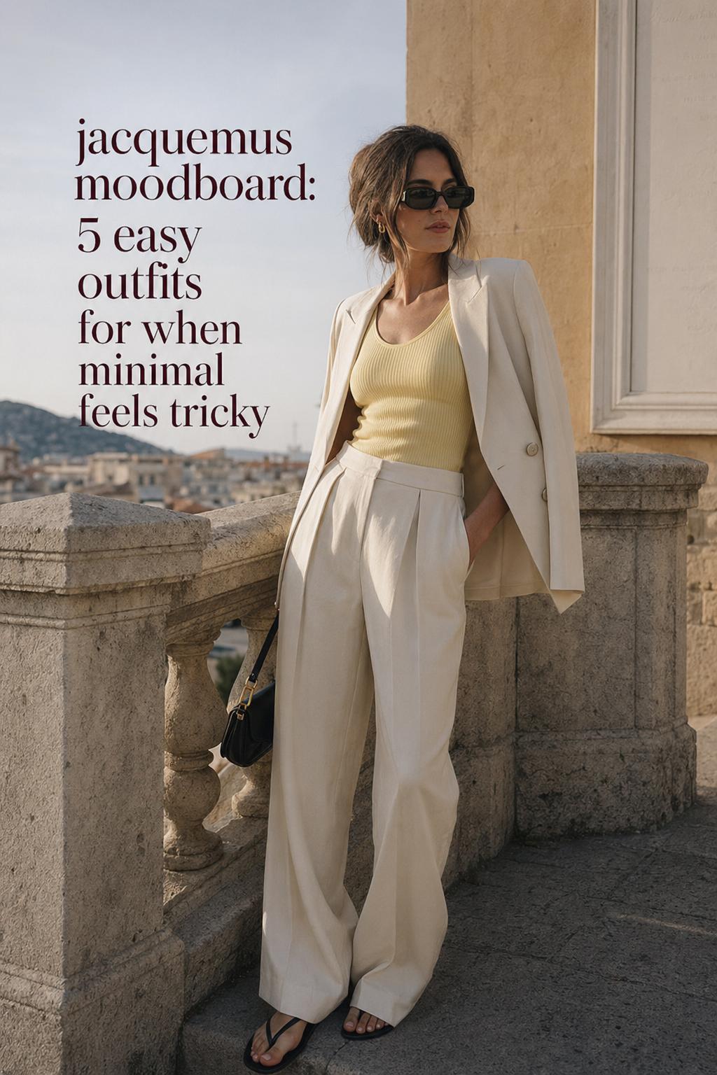Jacquemus moodboard outfit on a Mediterranean terrace with cream trousers, butter-yellow knit top, blazer, sunglasses and bag