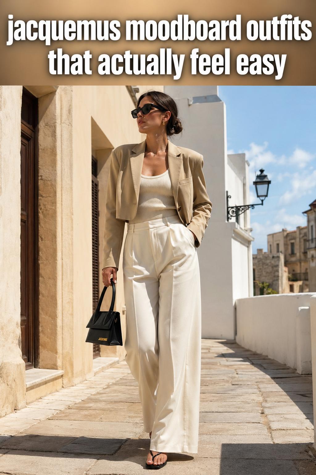 Jacquemus moodboard featuring minimalist fashion, sunlit textures, and neutral tones