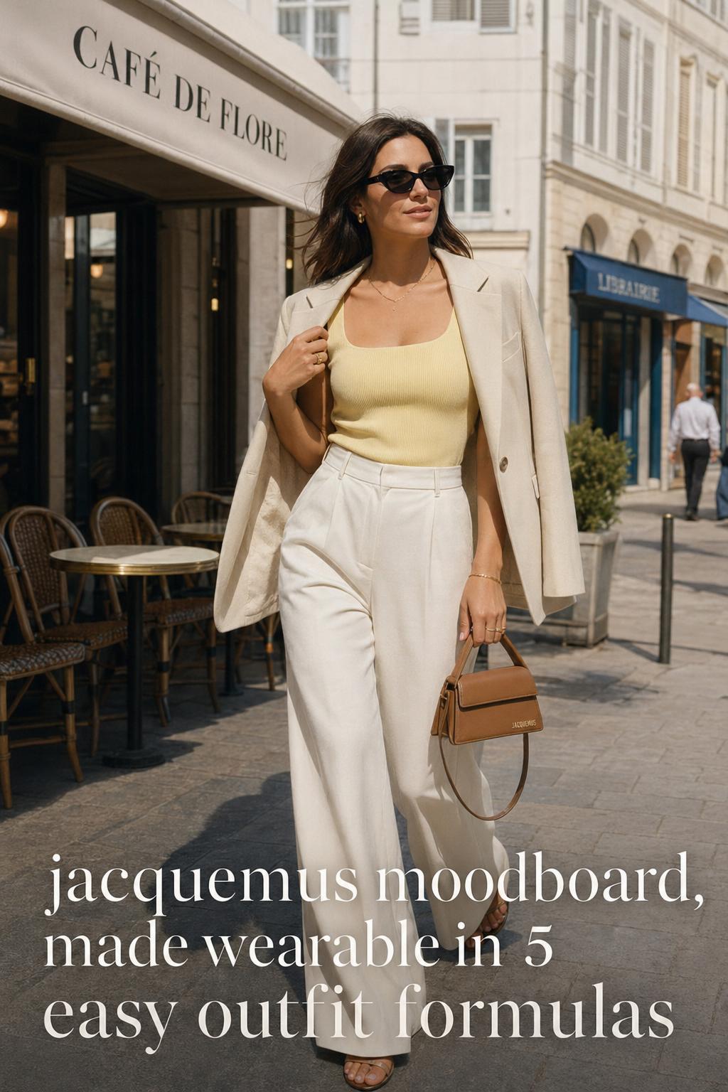 Jacquemus moodboard street style look with cream trousers, butter-yellow knit top, and sand blazer on a sunny European café street