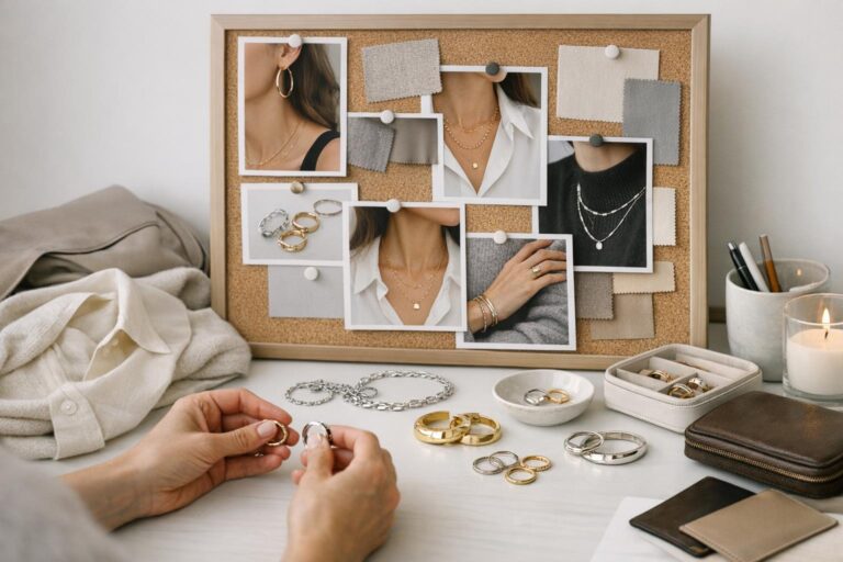 Jewelry moodboard with gold and silver pieces arranged beside outfit swatches for intentional, cohesive styling