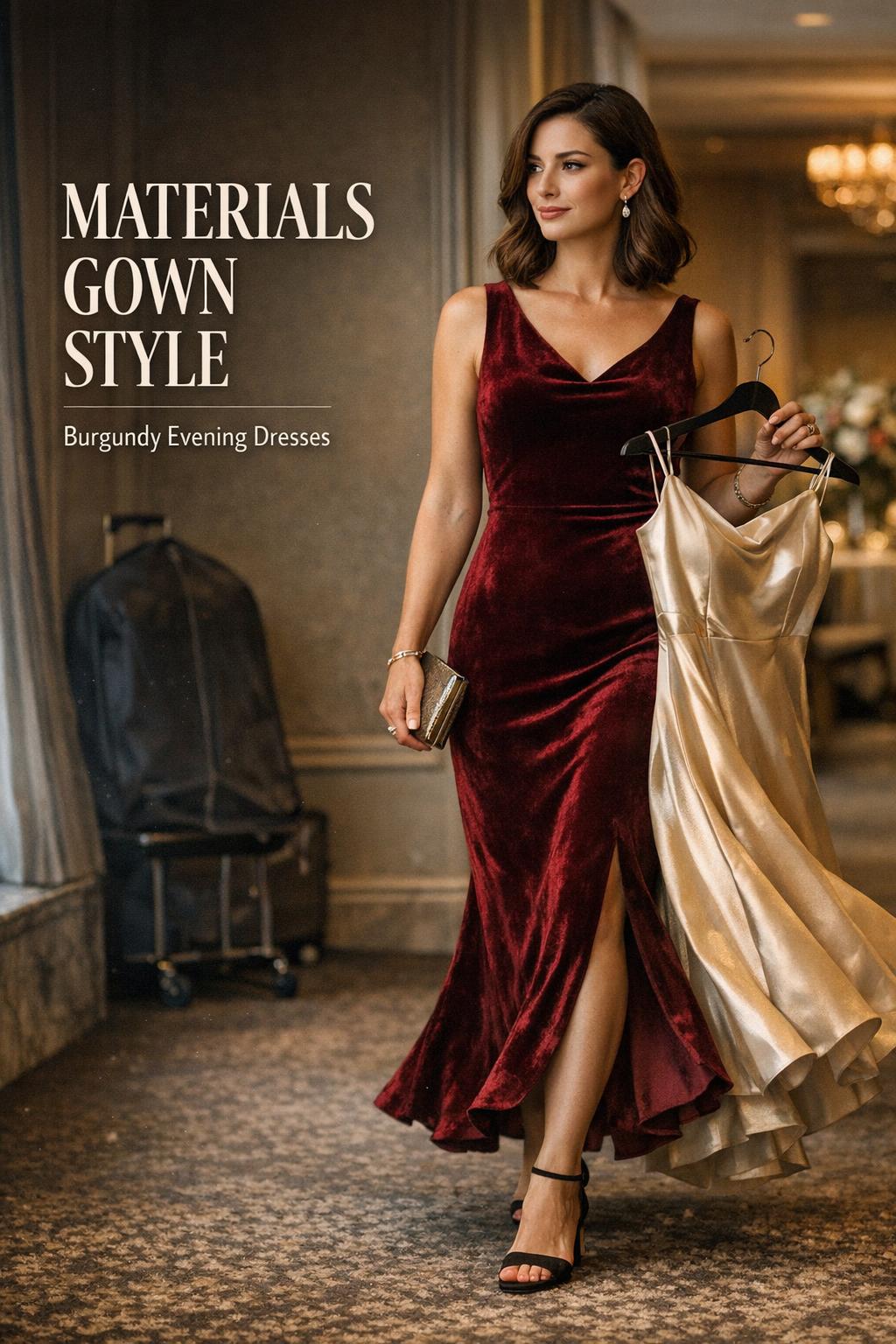 Materials gown style editorial photo of woman in burgundy velvet evening dress holding champagne satin gown in hotel corridor