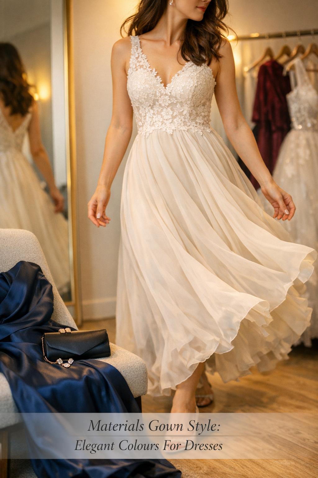 Materials gown style guide in boutique fitting room with woman in ivory chiffon gown and navy satin dress on chair