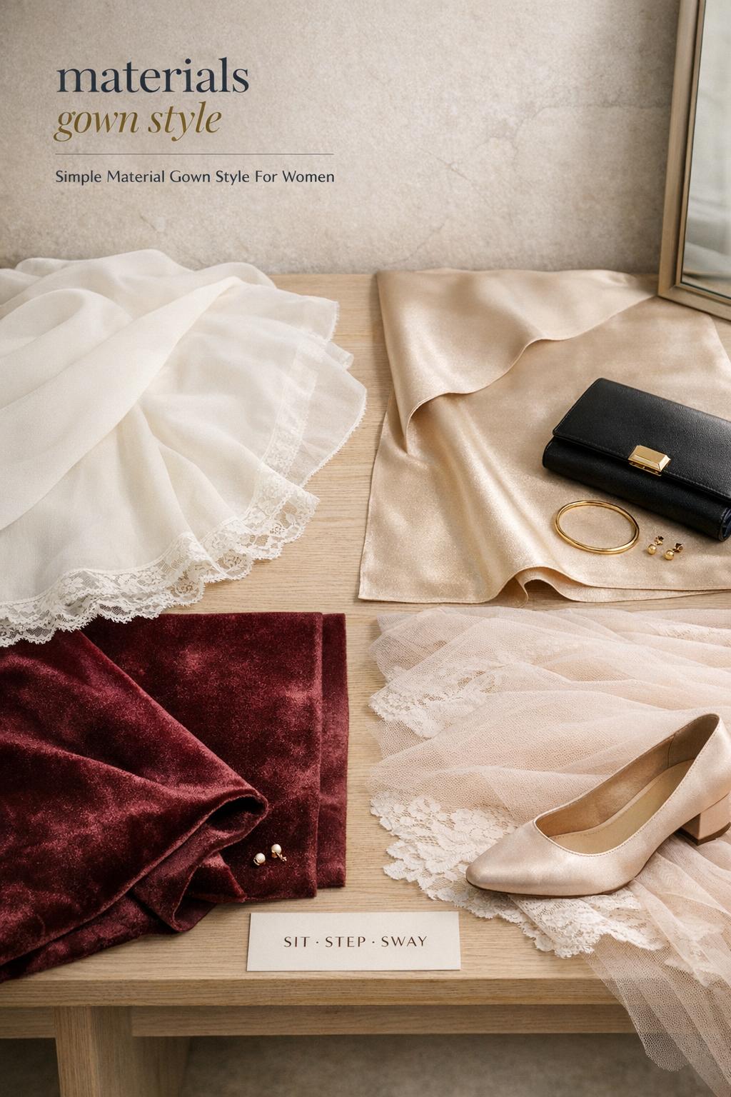 materials gown style flat lay with chiffon satin velvet and tulle swatches in a minimalist dressing area