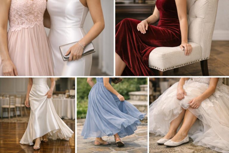Materials gown style comparison showing satin, chiffon, crepe, velvet, lace, and tulle drape on dress forms