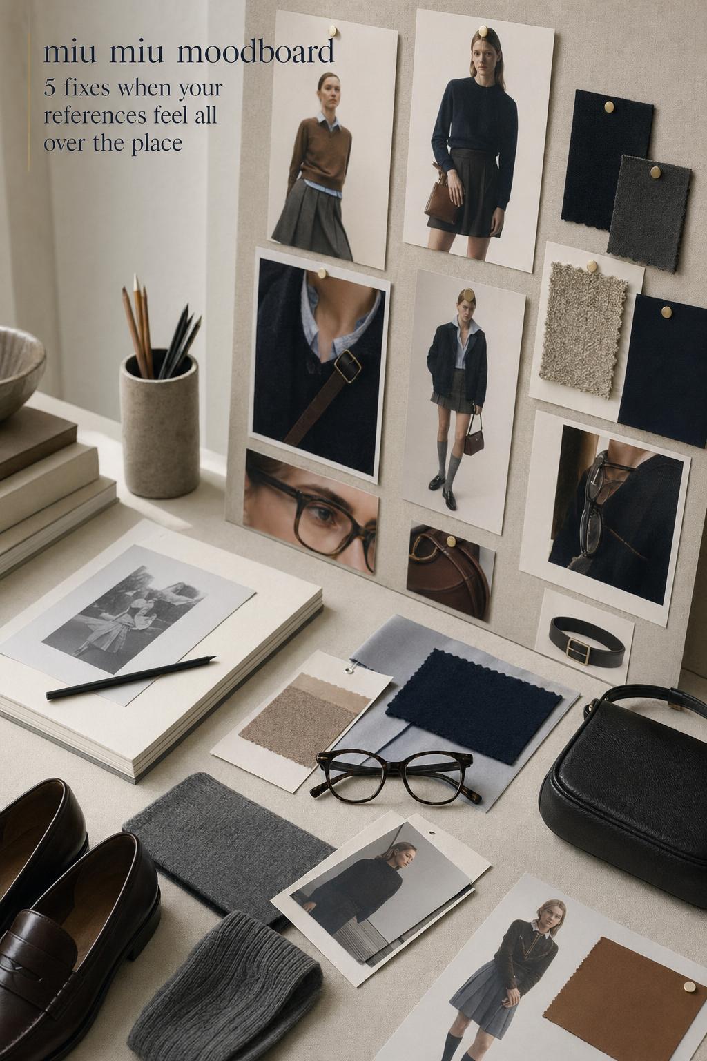 Minimalist studio workspace miu miu moodboard with curated fashion tearsheets, fabric swatches, and neutral accessories