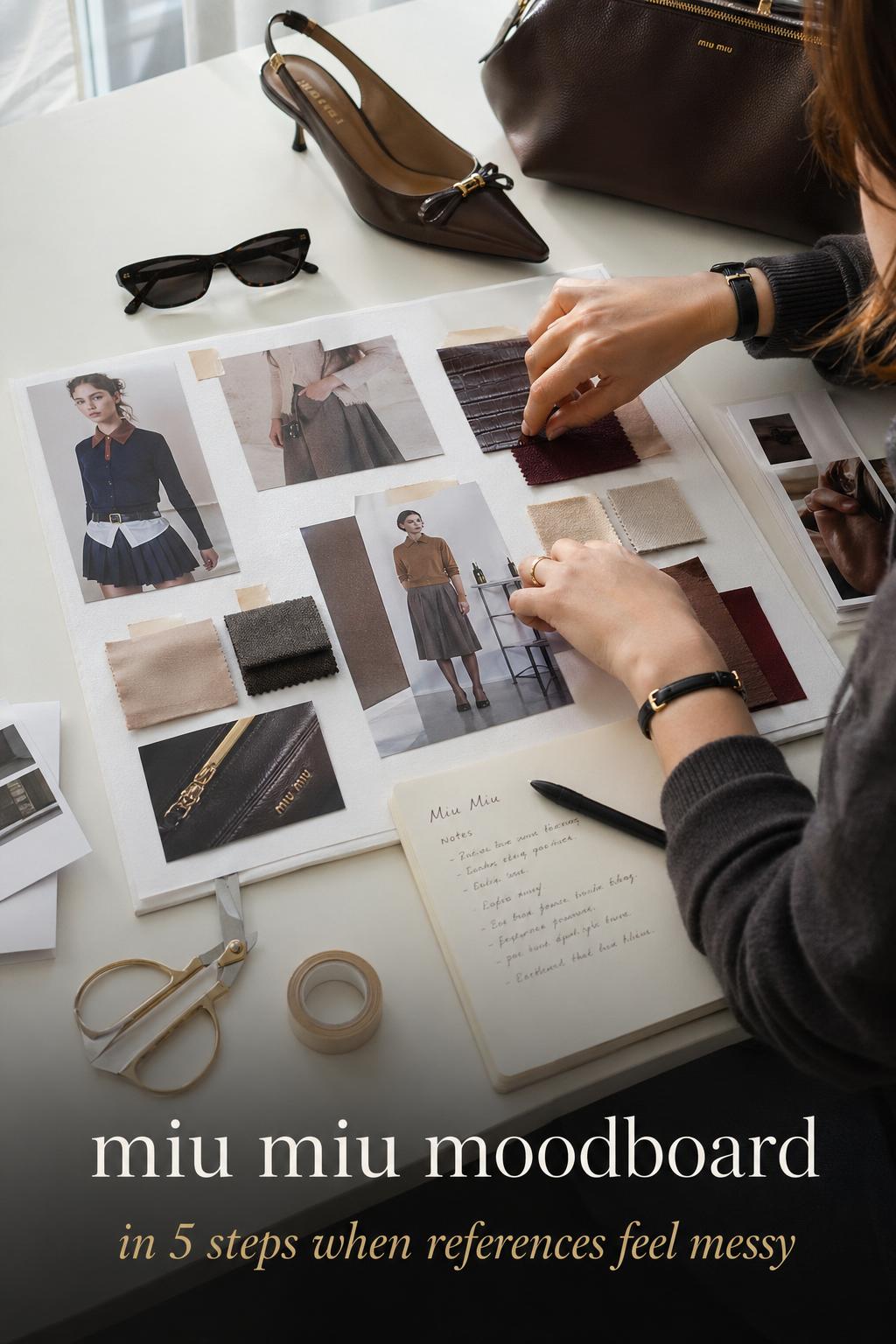 Fashion editor desk with swatches and tears creating a miu miu moodboard in soft natural studio light