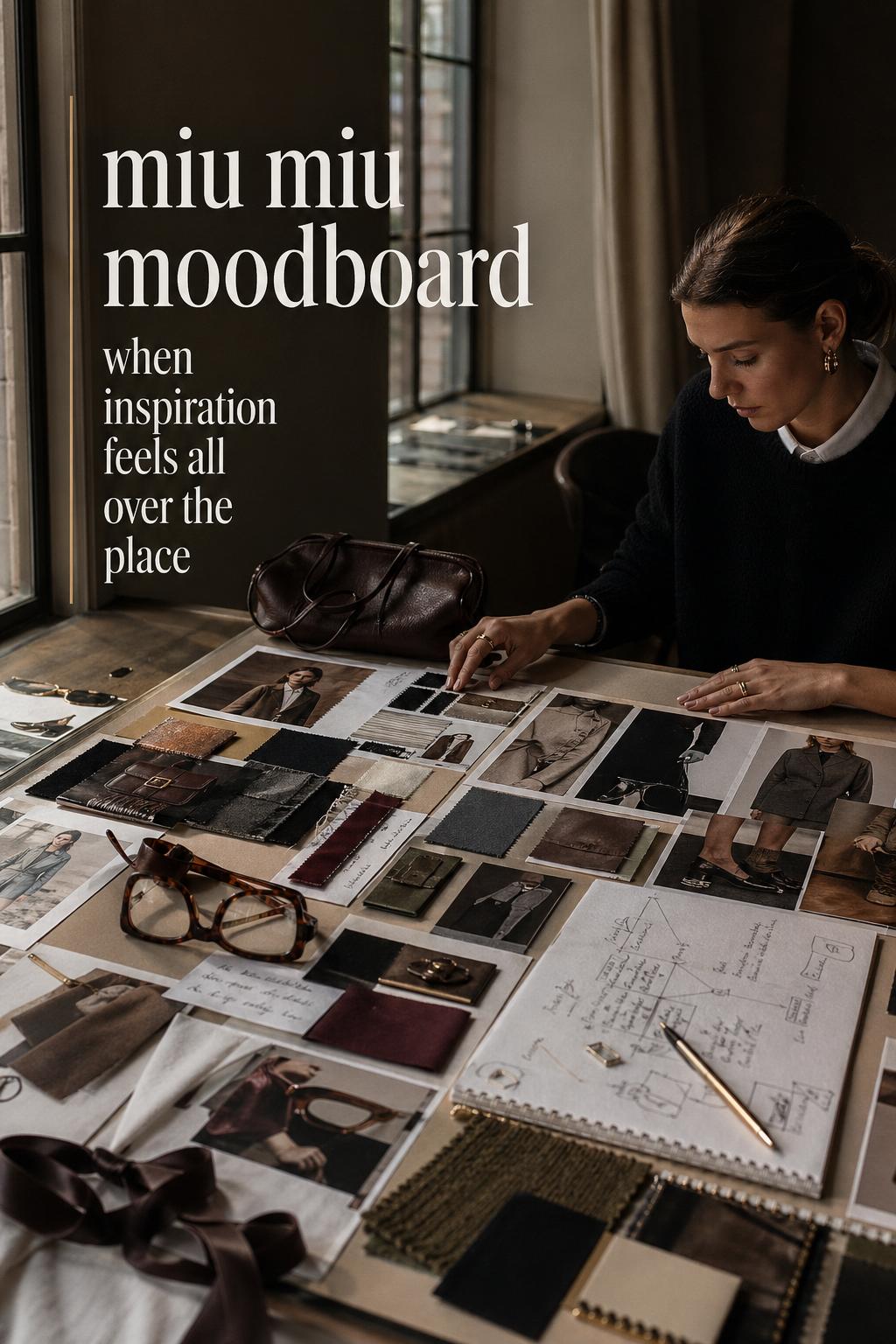 Miu Miu moodboard workspace with fashion tearsheets, fabric swatches, and window-lit editorial styling notes on a studio table