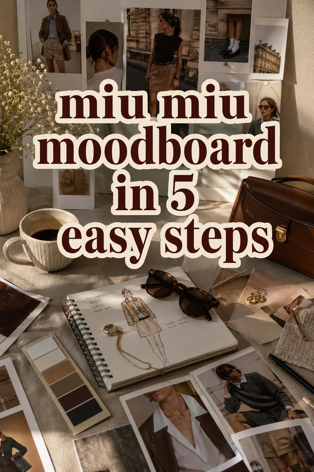 Miu miu moodboard workspace with warm golden-hour desk, fabric swatches, sketches, accessories, and editorial typography.