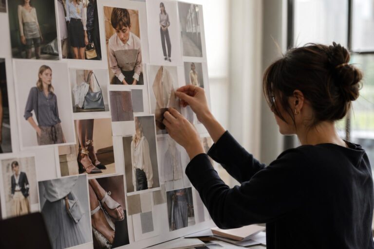 Miu miu moodboard with curated fashion photos, soft neutrals, and texture swatches arranged in a polished grid layout