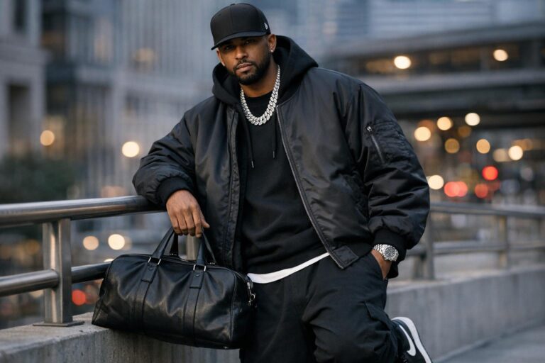 Modern gangsta style outfit with structured bomber, tonal layers, and clean sneakers in an urban street setting