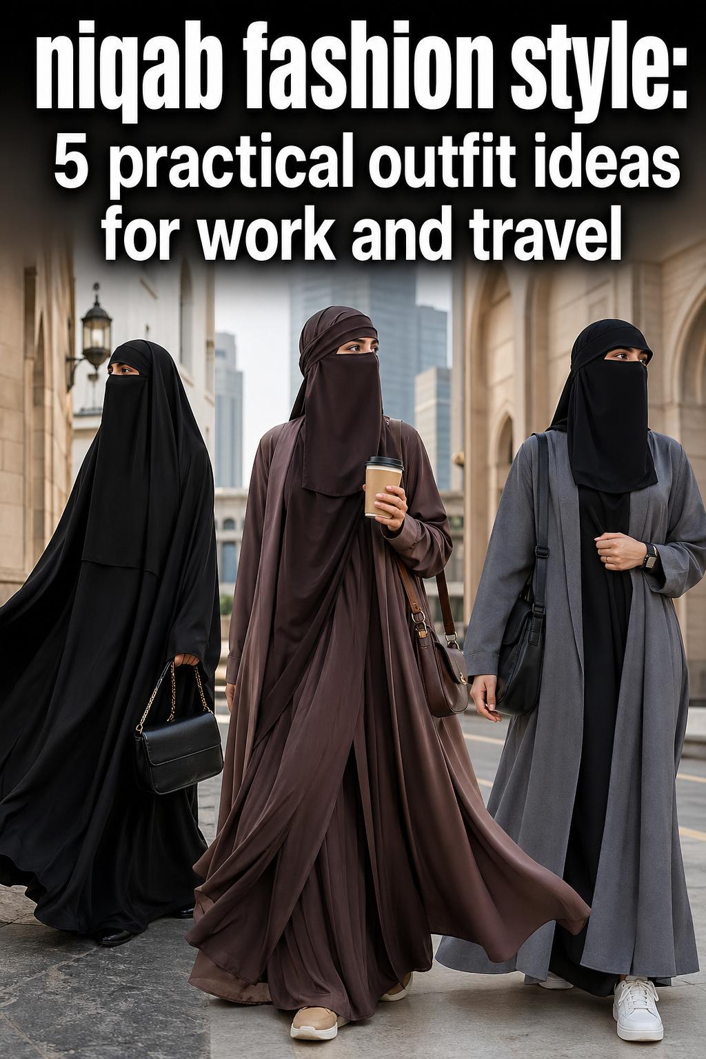 Niqab fashion style in a modern streetwear look, featuring a modest black niqab with coordinated outfit