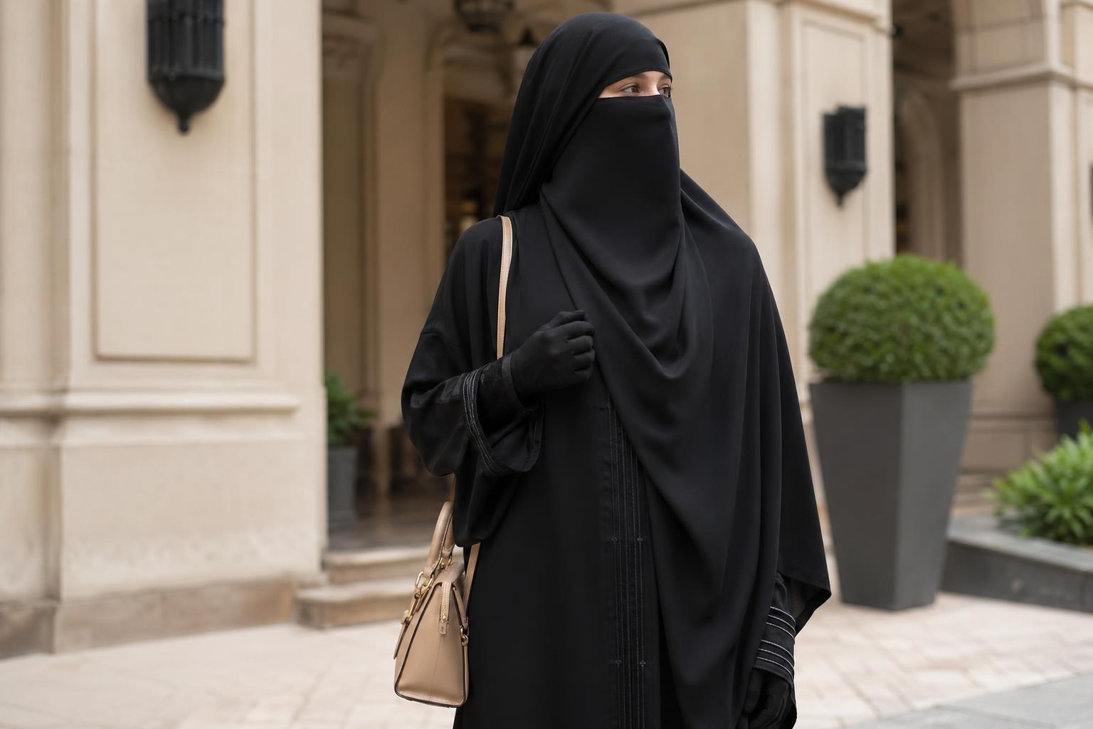 Modern niqab fashion style in a tailored abaya with tonal layers, styled for work and travel in natural light