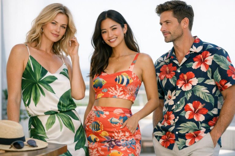 Tropical fabric prints on glossy satin with palm leaves and bold florals, styled for a modern polished summer look