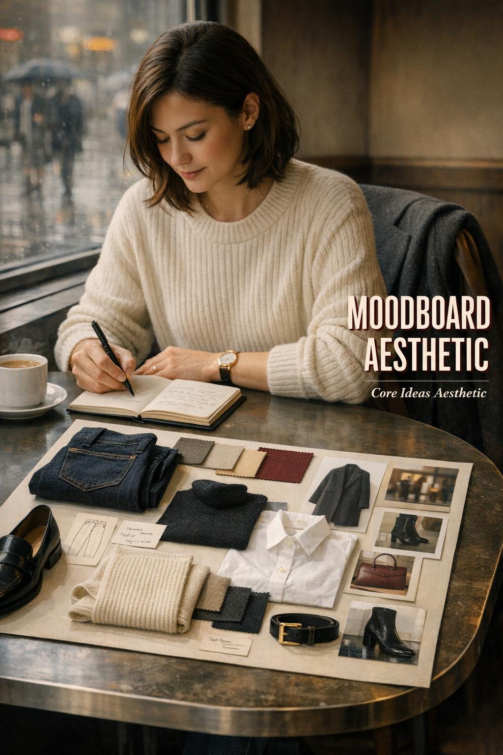 Moodboard aesthetic café workspace with neutral fashion flat-lays, wool coat, denim, loafers, and notebook by window light