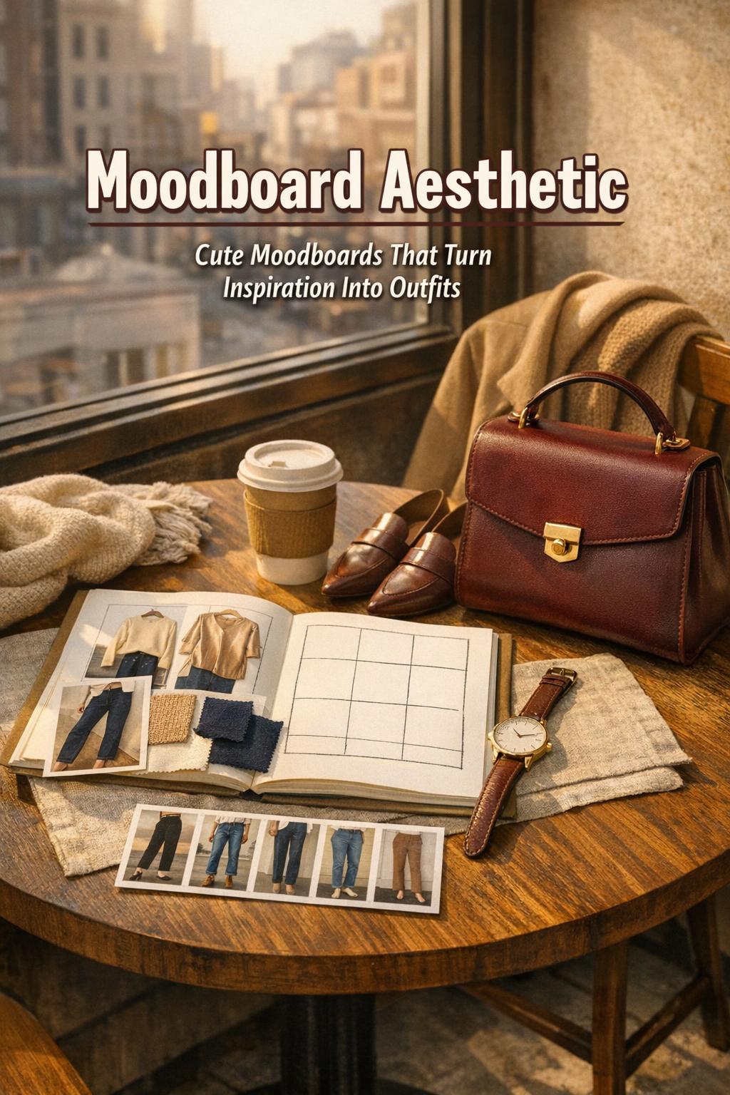 Moodboard aesthetic on a sunlit cafe table with notebook grid, fabric swatches, camel coat, burgundy handbag, and coffee