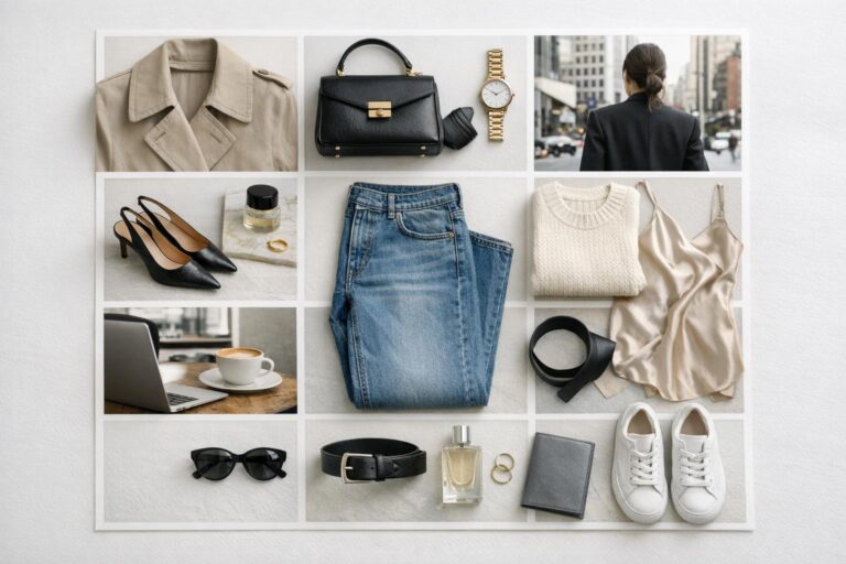 Moodboard aesthetic grid with neutral fashion photos, color swatches, and texture samples on a desk