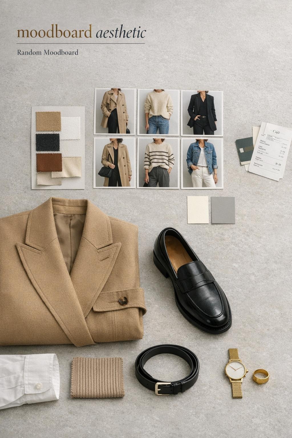 Moodboard aesthetic workspace with neutral outfit photos, camel blazer, black loafer, fabric swatches, and minimal accessories