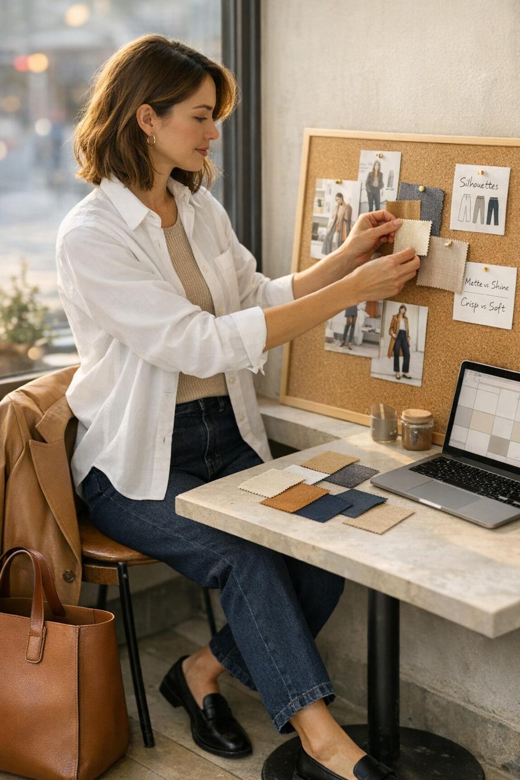 Moodboard aesthetic in a bright minimalist café as a woman pins fabric swatches and outfit printouts beside a laptop