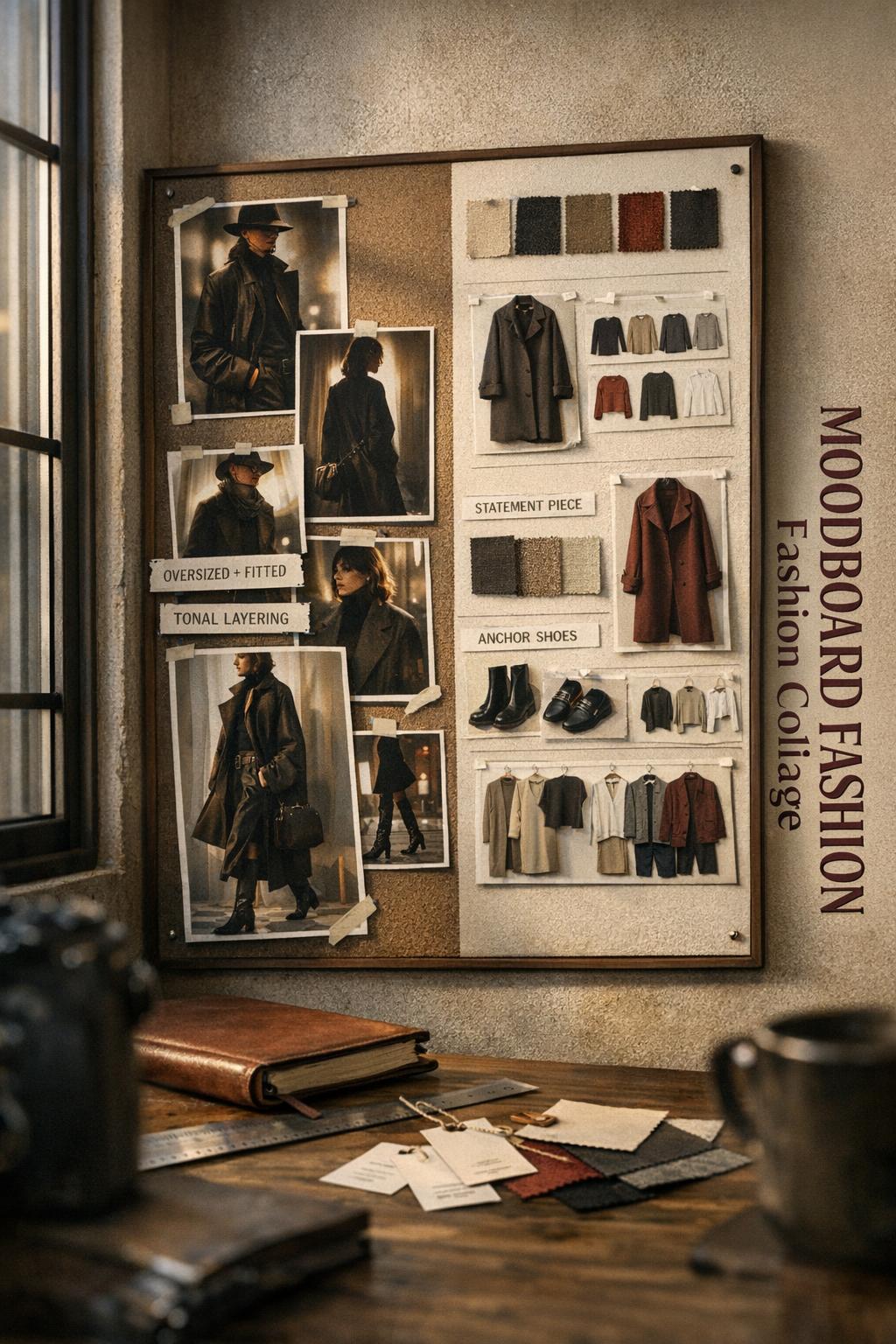 Moodboard fashion collage on corkboard in a creator workspace with window light, editorial prints and wardrobe blueprint layout