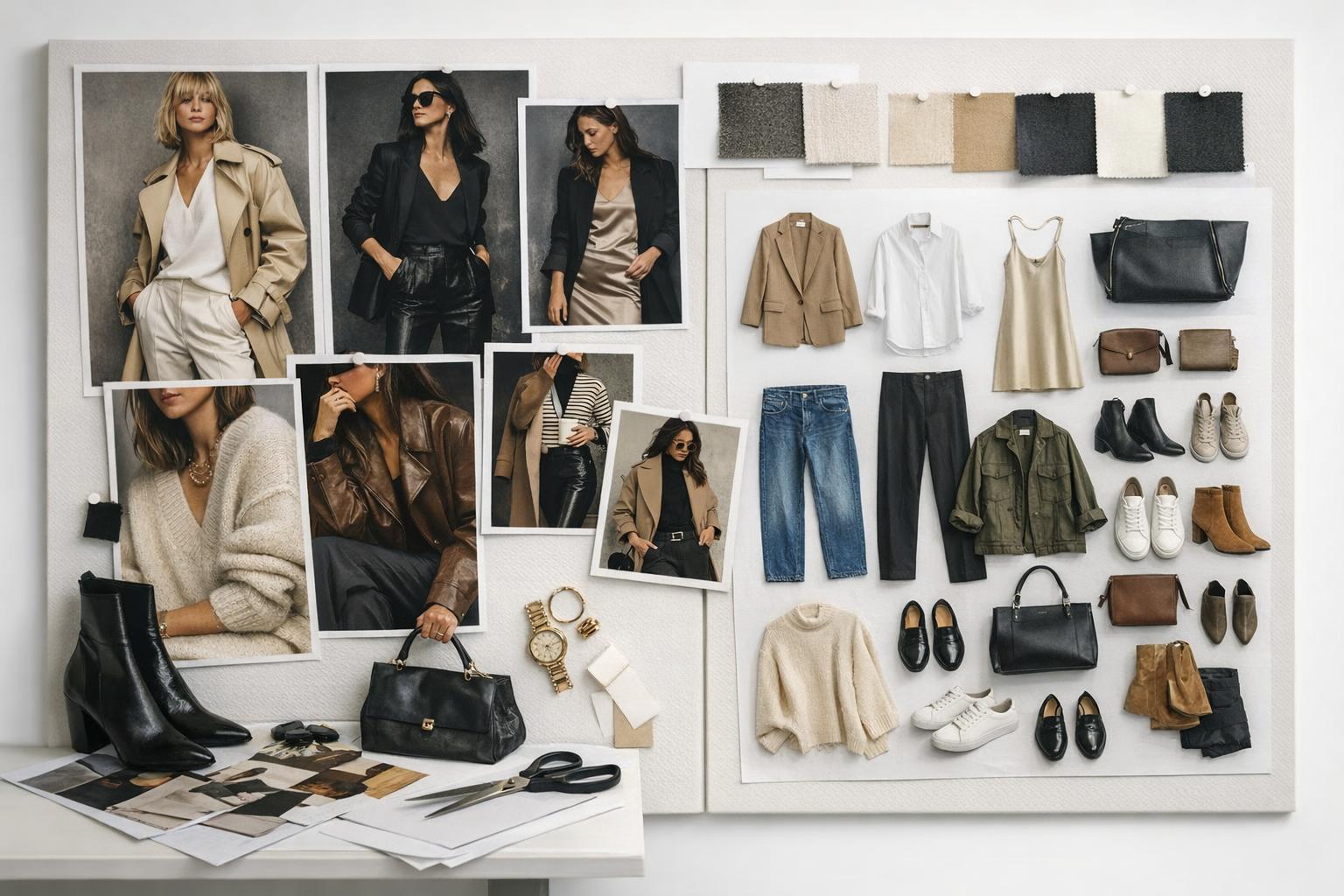 Moodboard fashion collage showing editorial and wardrobe-planning outfit formulas with a cohesive neutral palette