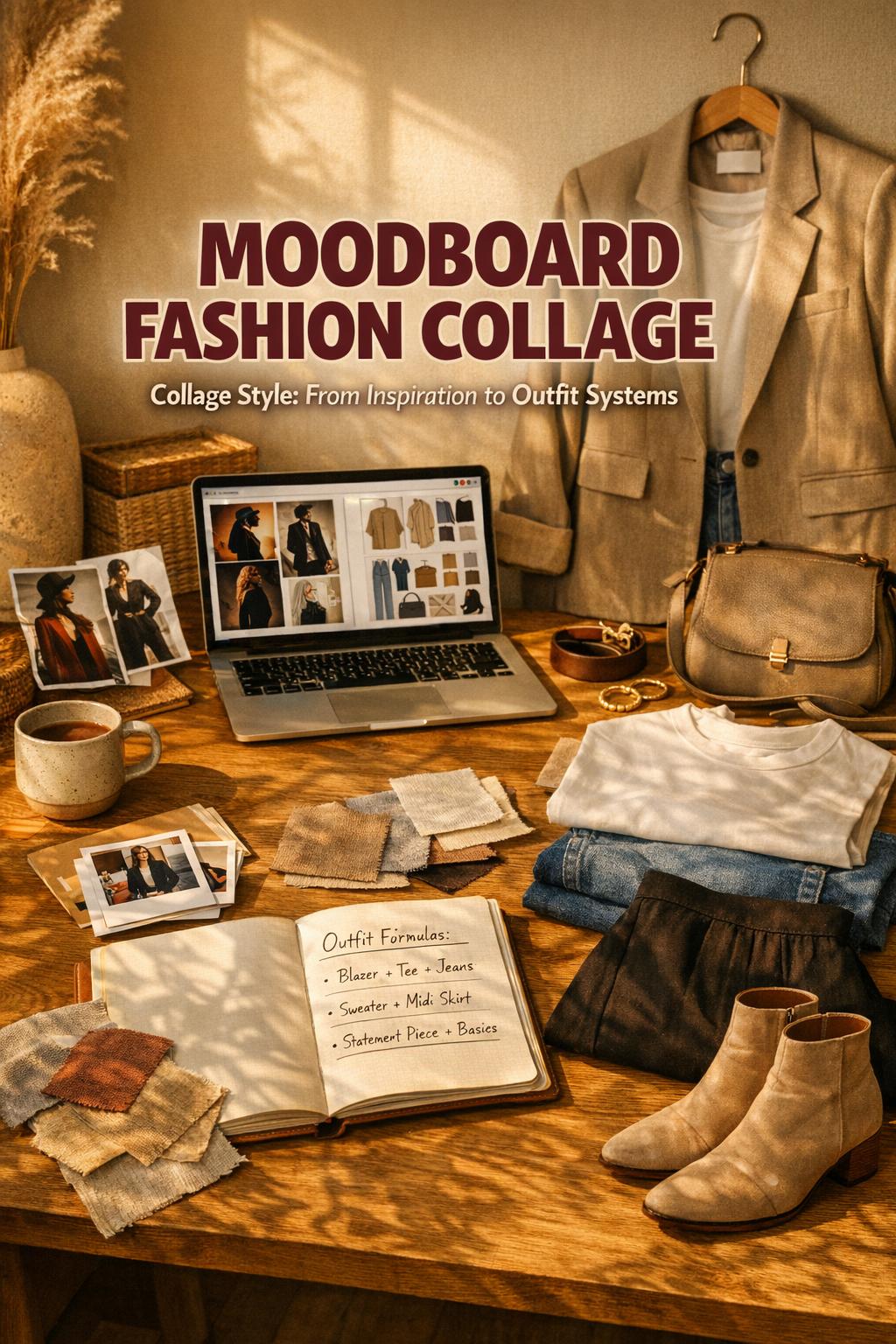 Moodboard fashion collage on a cozy home studio desk with laptop, clippings, outfit notes, and capsule wardrobe pieces in golden light