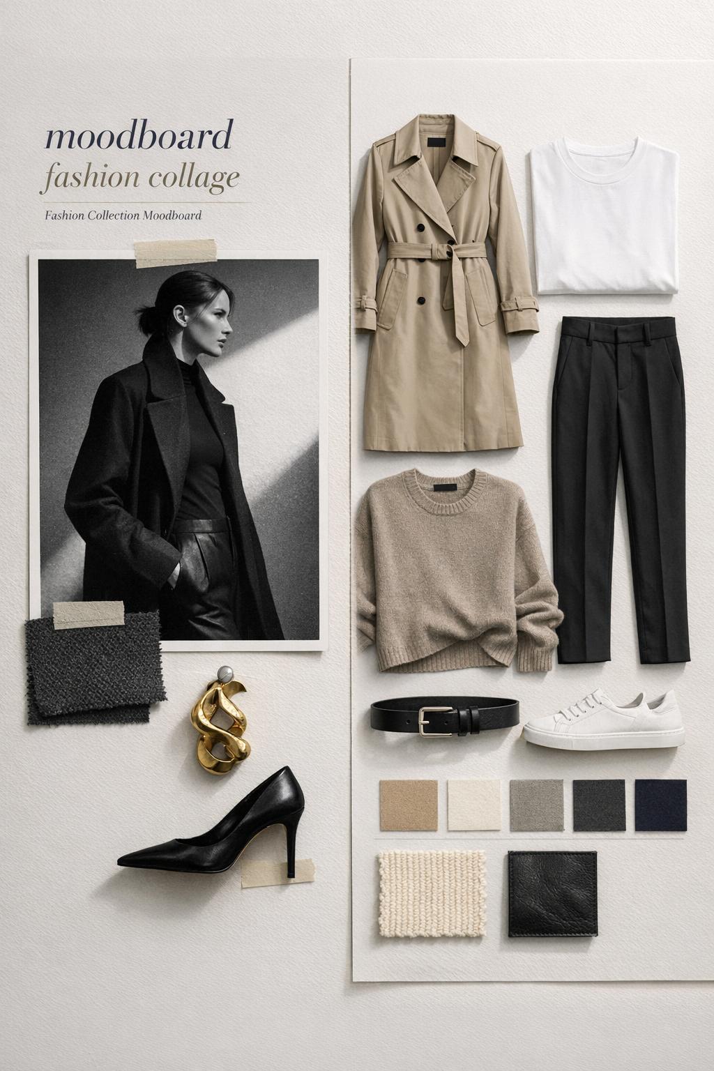 Moodboard fashion collage with minimalist editorial model photo and neutral capsule wardrobe flat lay on a clean surface.