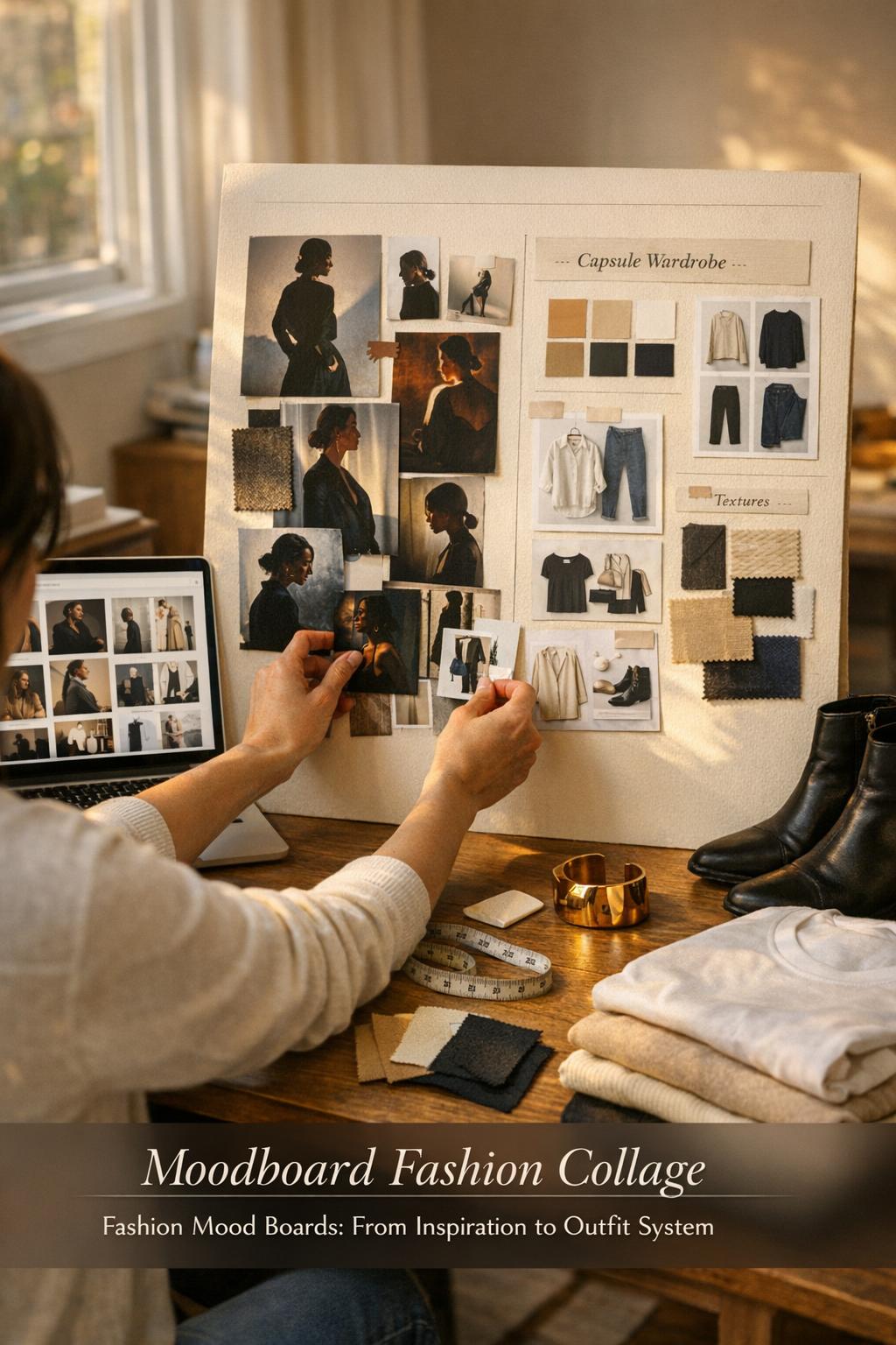 Moodboard fashion collage on a sunlit home studio desk with fabric swatches, magazine clippings, and a Pinterest-style grid on laptop