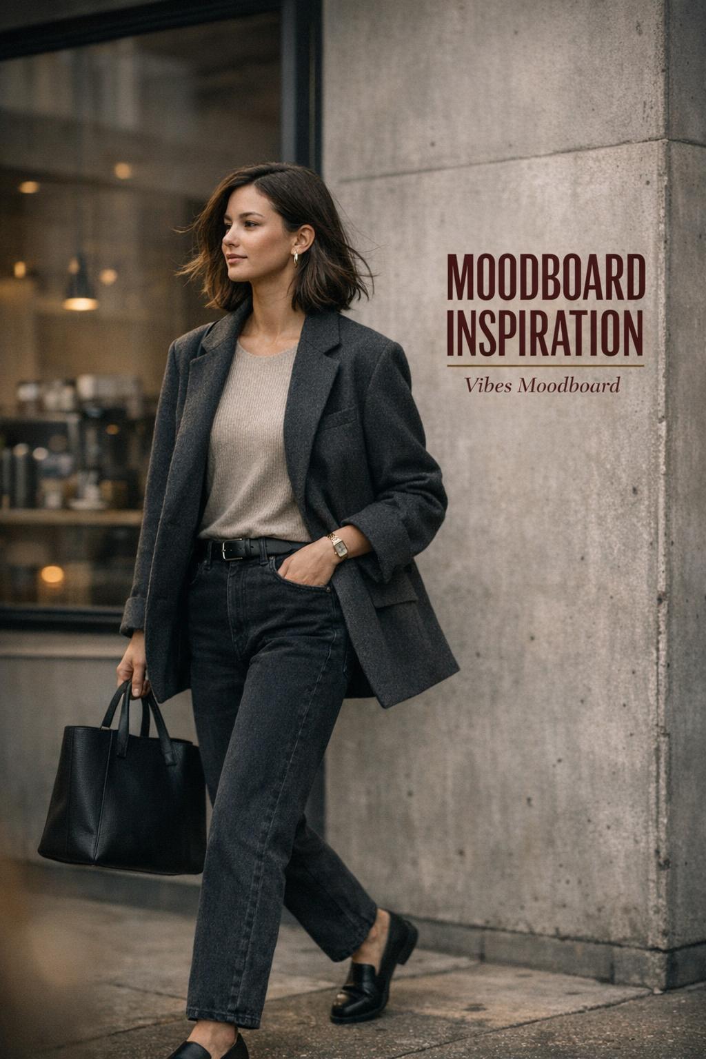 Moodboard inspiration photo of a stylish woman in a camel blazer walking past a minimalist cafe window in a modern city