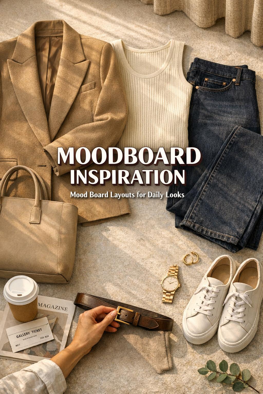 Moodboard inspiration flat-lay of neutral city outfit with coffee and accessories in a sunlit apartment entryway