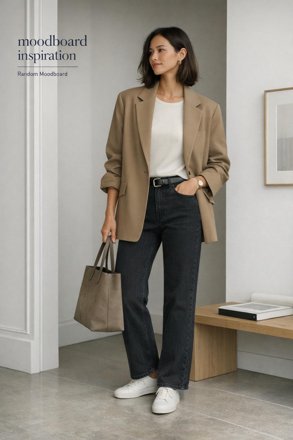 Moodboard inspiration outfit in a minimalist city entryway, neutral blazer, knit top, straight-leg pants and tote